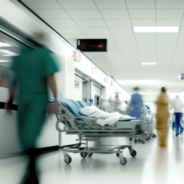 People moving around a hospital emergency room corridor — first opinion coverage from STAT